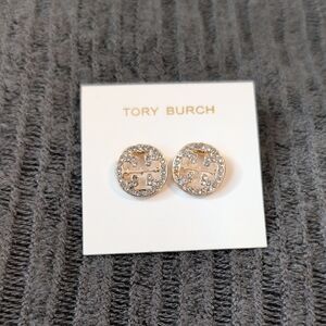 Tory Burch Miller Pave Gold Tone Crystal Logo Stud Earrings NEW